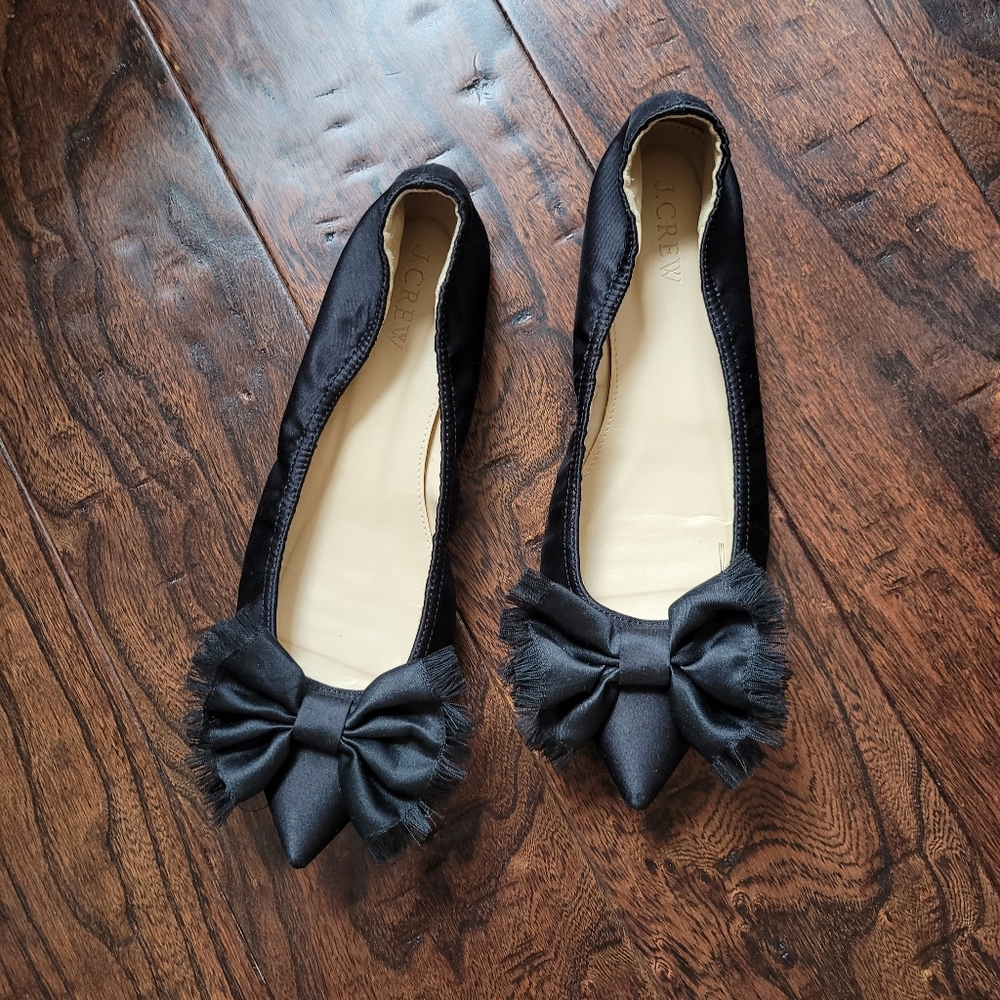 J crew lottie black satin pointed flats with bow dressy 6.5 lady like of…